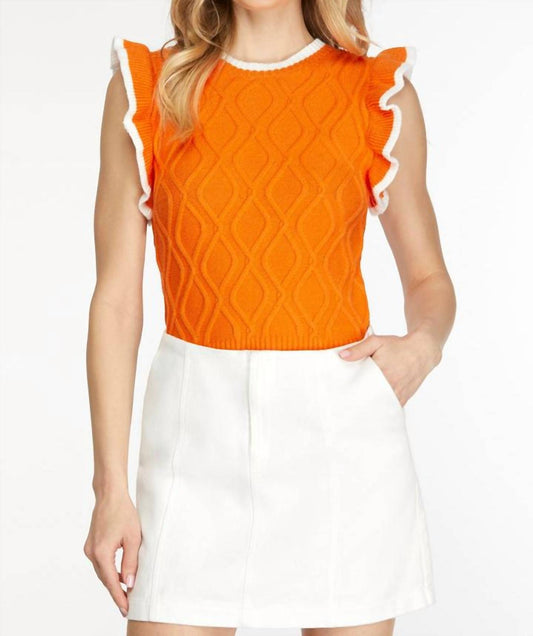 She + Sky - Game Day Ruffle Sleeve Cable Sweater Top With Contrast Edge