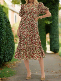 entro Fall Garden Floral Puff Sleeve Midi Dress in ecru - women's dress - detail view