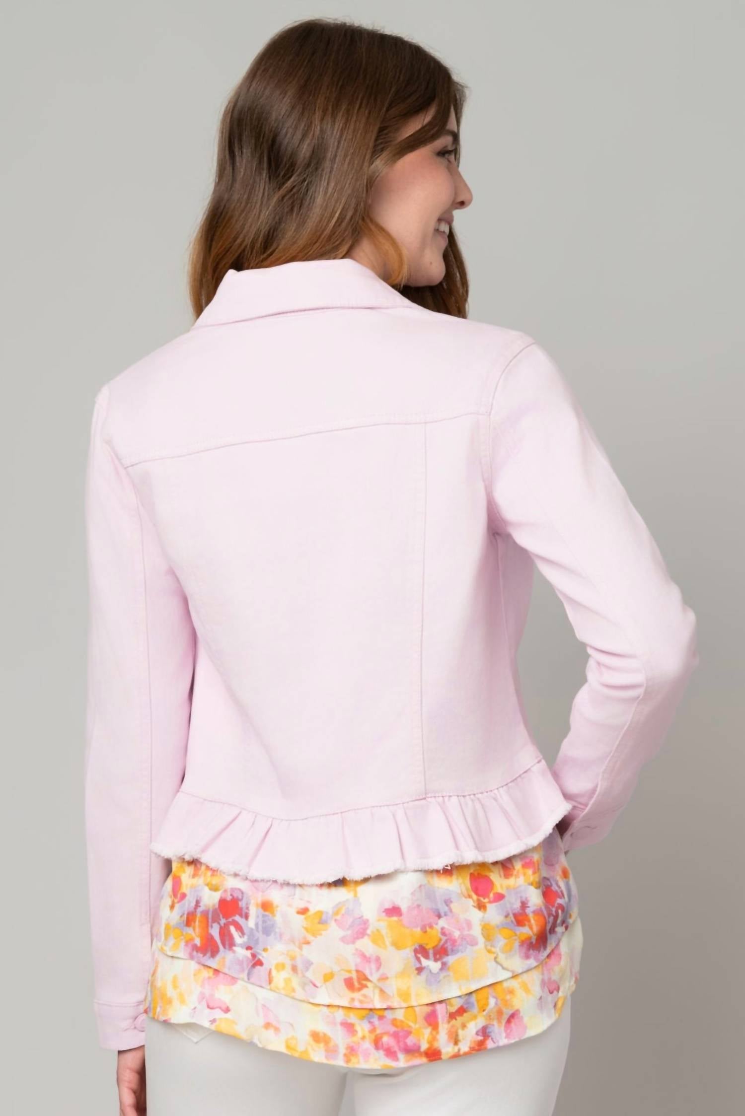 Pine Apparel - Peplum Hem Denim Jacket W/ Novelty Buttons