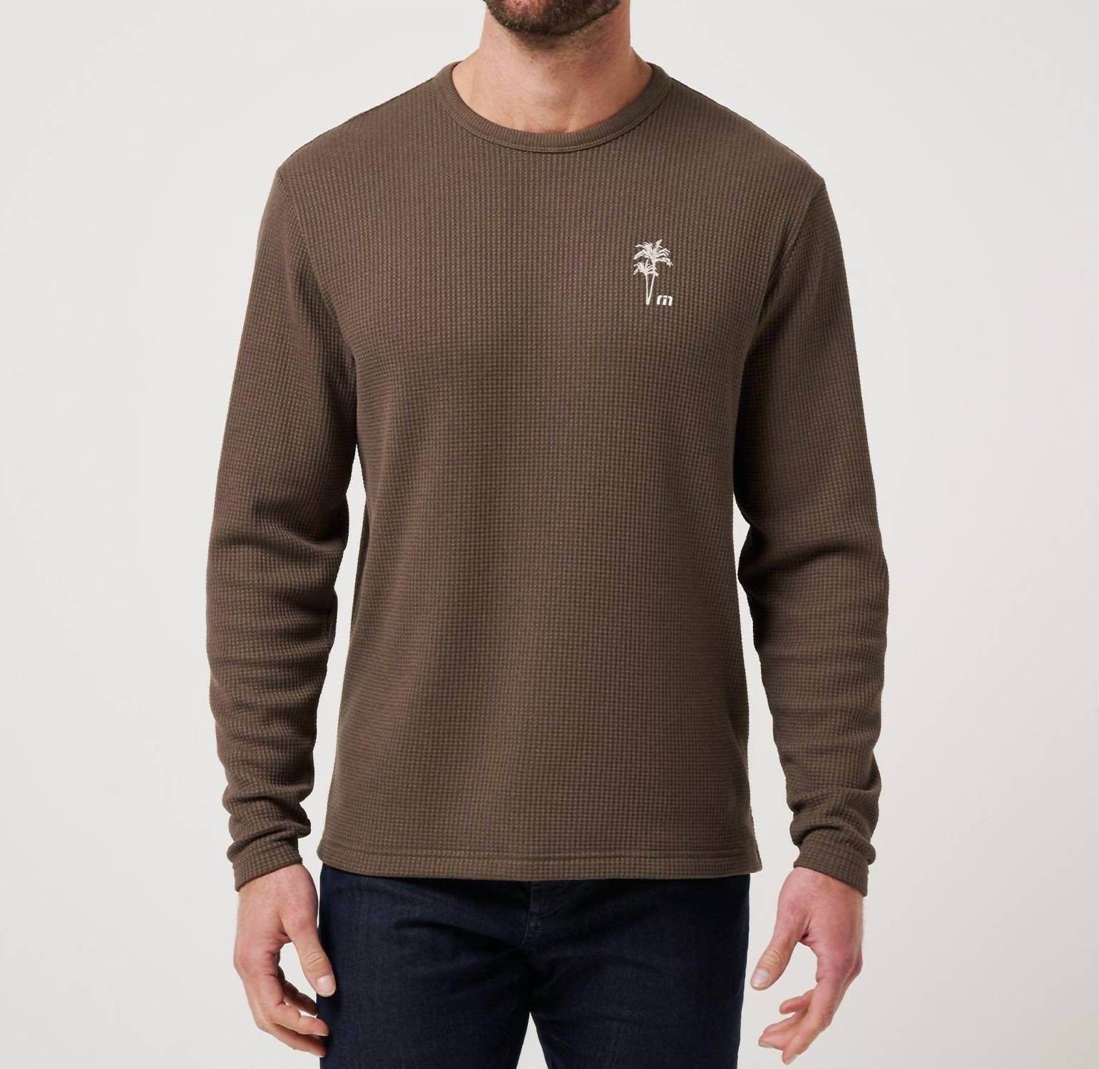 TravisMathew Souvenir Stand Pullover T Shirt in chocolate brown - men's long sleeve top