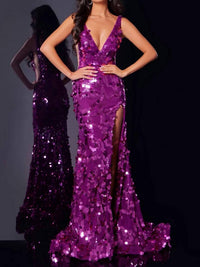Jovani - Fitted Sequin Formal Slit Beaded Prom Dress