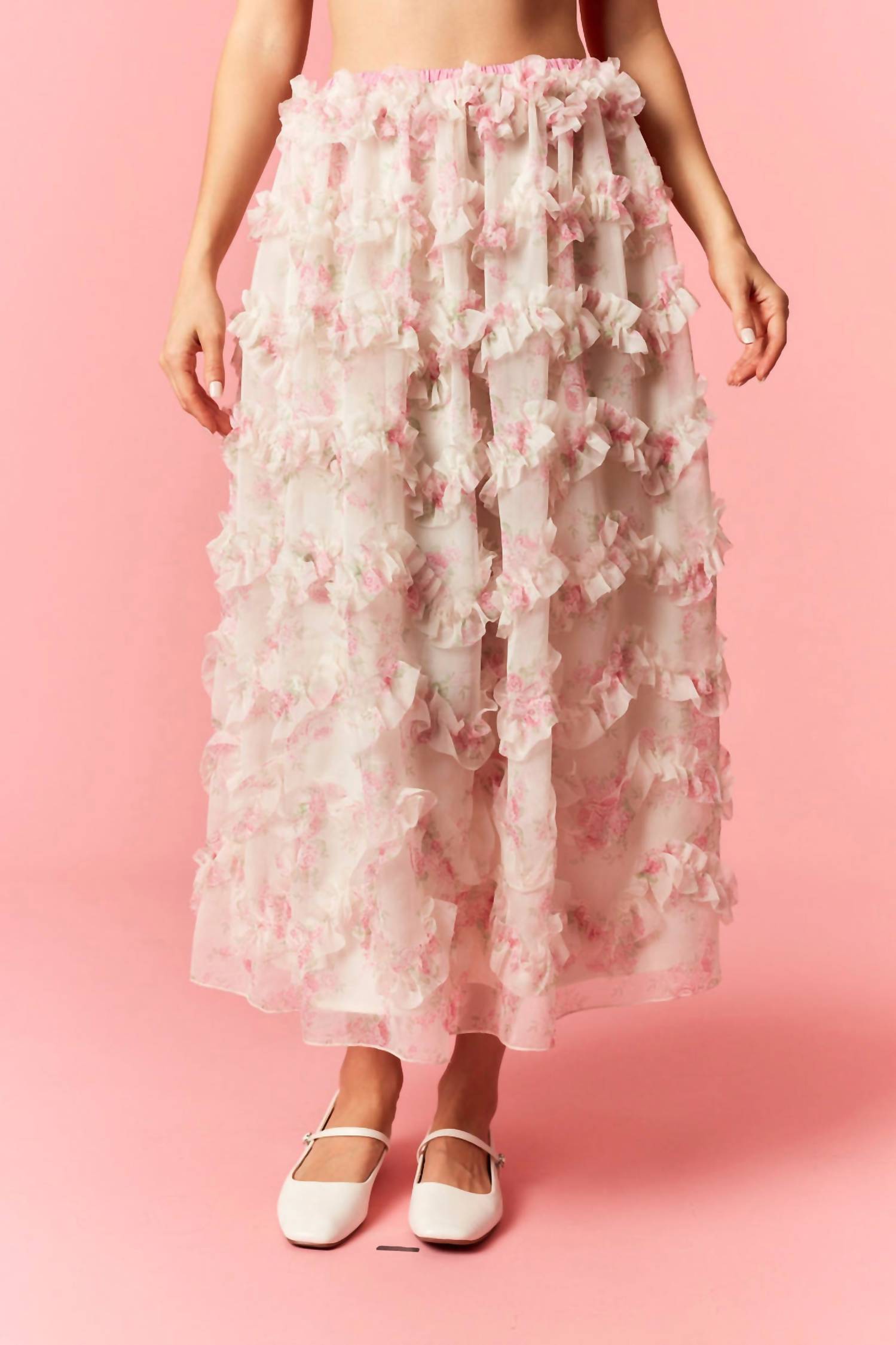 Peach Love - Printed Ruffle Detailed Organza Maxi Skirt