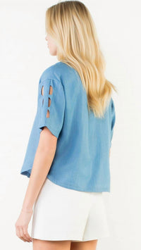 THML Women's Short Sleeve Cutout Tencel Top in blue - women's blouse - detail view