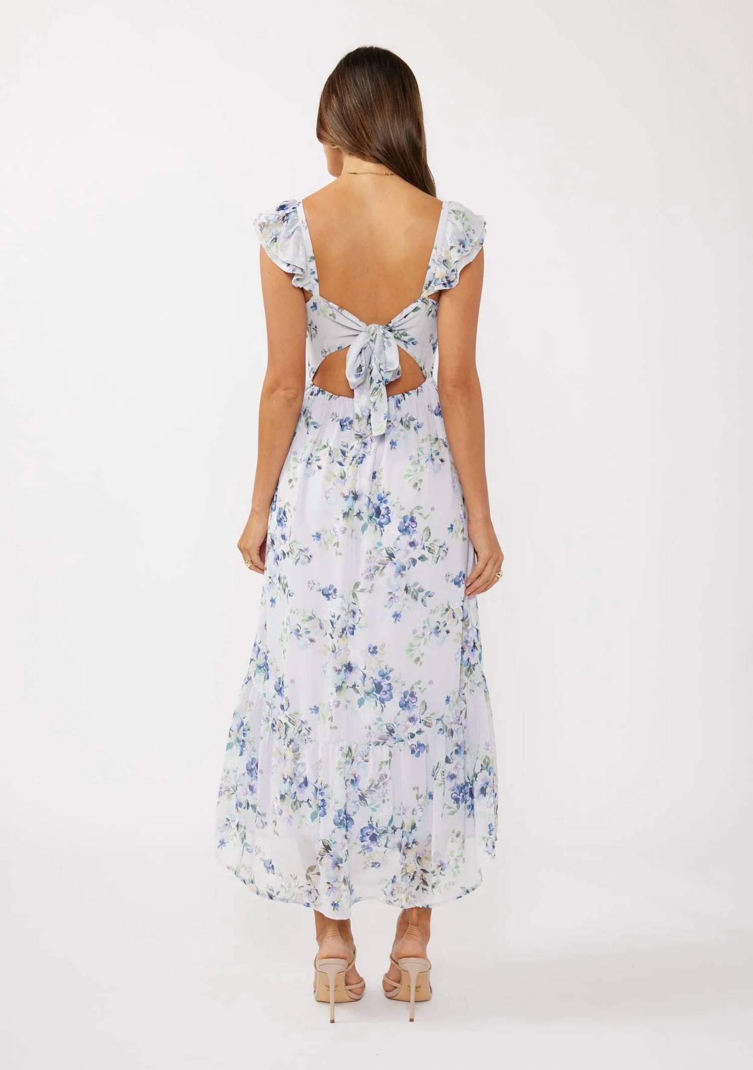 Lovestitch - Floral Textured Open Back Tie Maxi Dress