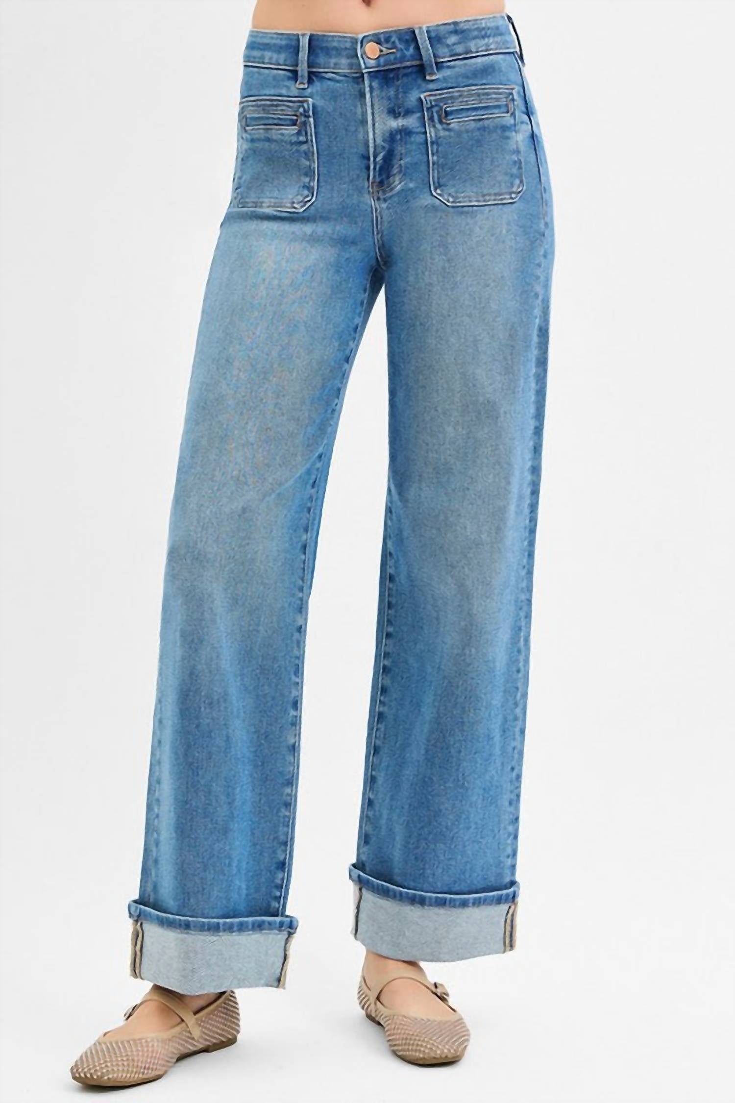 Risen - Elastic Band Mid Rise Front Patch Pocket Jeans