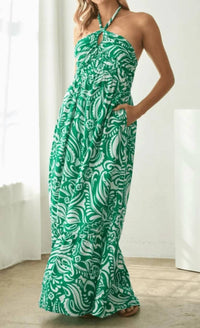 Skies Are Blue - Floral Paisley Print Halter Neck Maxi Dress
