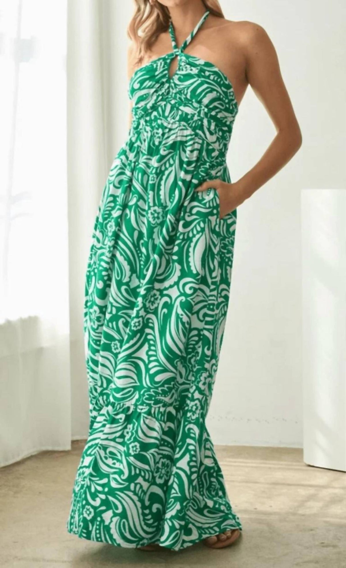 Skies Are Blue - Floral Paisley Print Halter Neck Maxi Dress