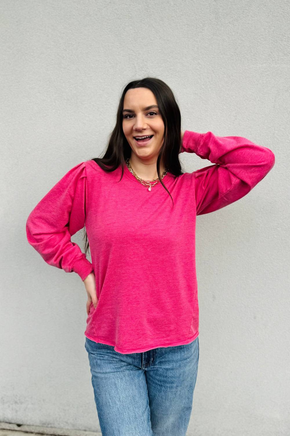 Mododoc - Long Sleeve Pleated Sleeve Sweatshirt