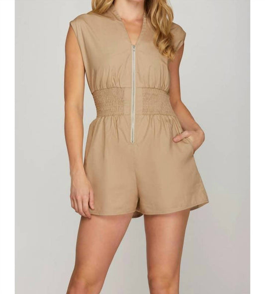 She + Sky - Cap Sleeve Woven Smocked Waist Front Zip Romper