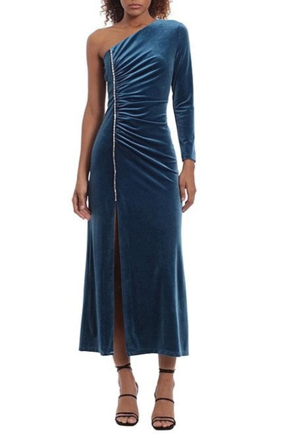 Donna Morgan - Velvet One Shoulder Embellished Front Slit Midi Dress