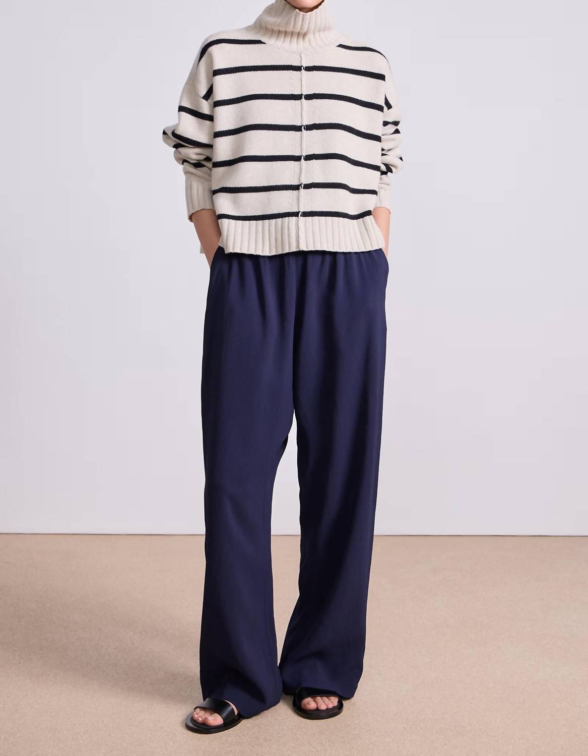 APIECE APART Ari Cropped Turtleneck Top in cream black stripe - women's sweater