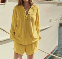 The Great. - Micro Terry Lace Up Tunic Top