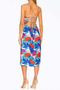LORENZA OPEN-BACK SATIN MIDI DRESS
