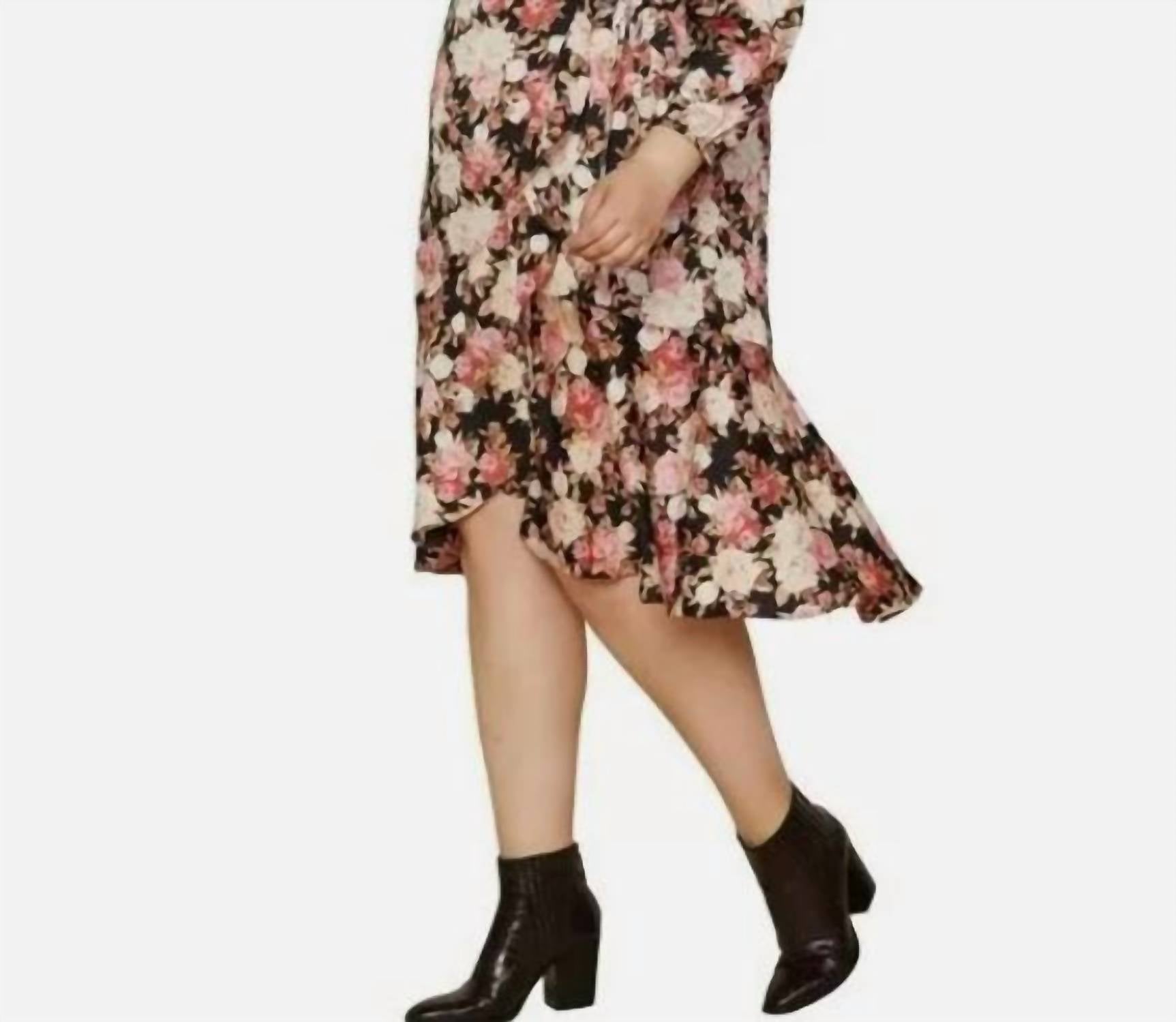 Skies Are Blue - Plus Rose Print Ruffle Trim Floral Wrap Midi Dress