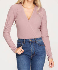She + Sky - Surplice Rib Knit Bodysuit