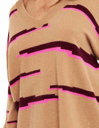 Brodie Cashmere Glitch Zebra V Neck Sweater Top in camel sangria diva pink - women's sweater - detail view