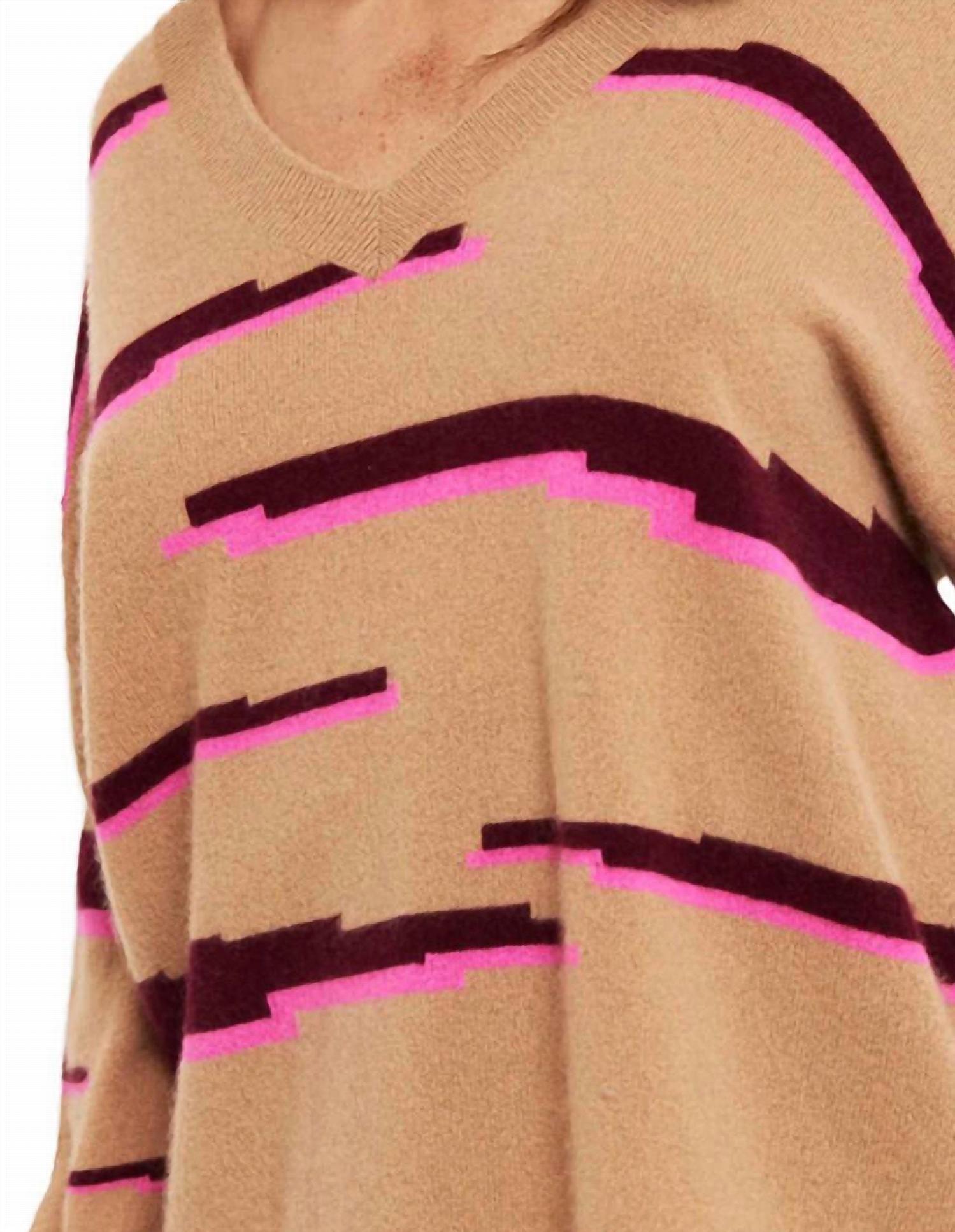 Brodie Cashmere Glitch Zebra V Neck Sweater Top in camel sangria diva pink - women's sweater - detail view
