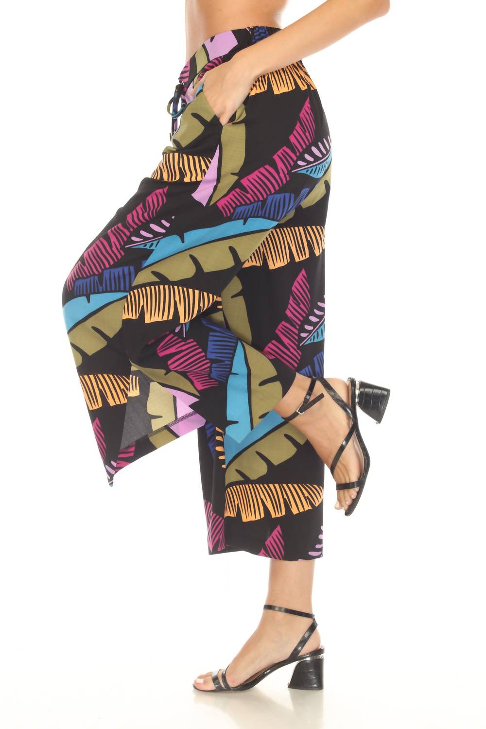 Joseph Ribkoff Tropical Print Culotte Pant in black multi 1 - women's pants - detail view