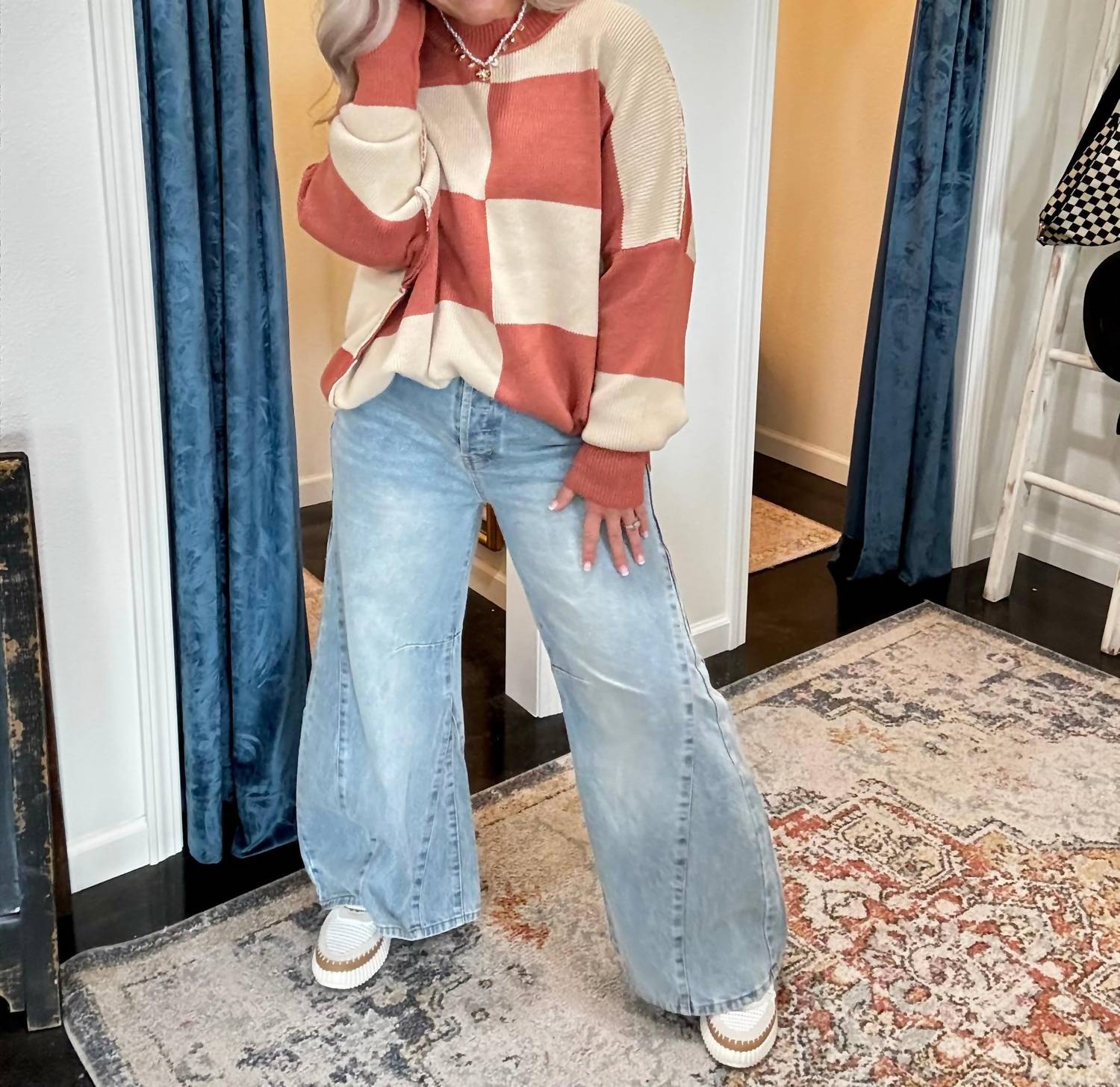 ee:some Checker Print Oversized Sweater in clay - women's sweater - alternate view
