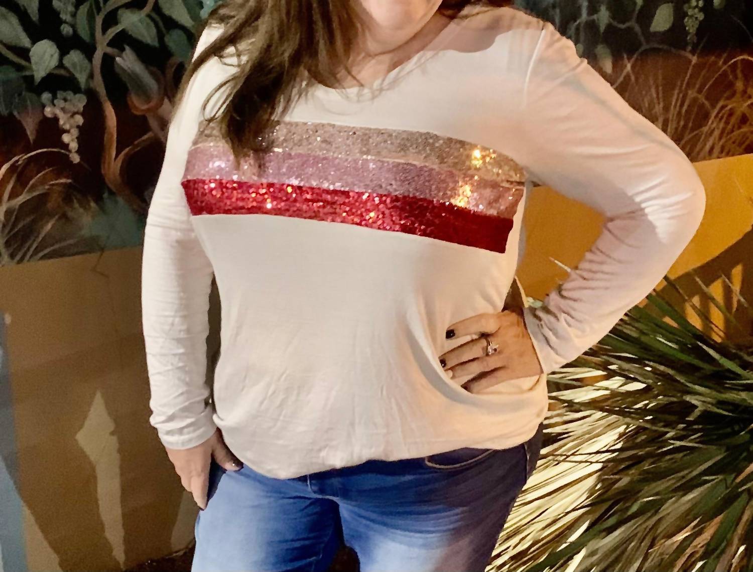 BiBi Mandy Sequin Long Sleeve Top in pink - women's long sleeve top - detail view