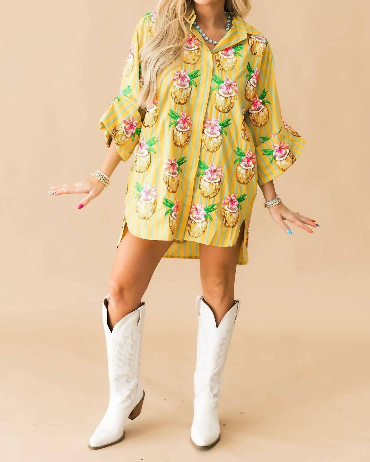 Queen Of Sparkles - Coconut Drink Button Up Cotton Tunic Dress