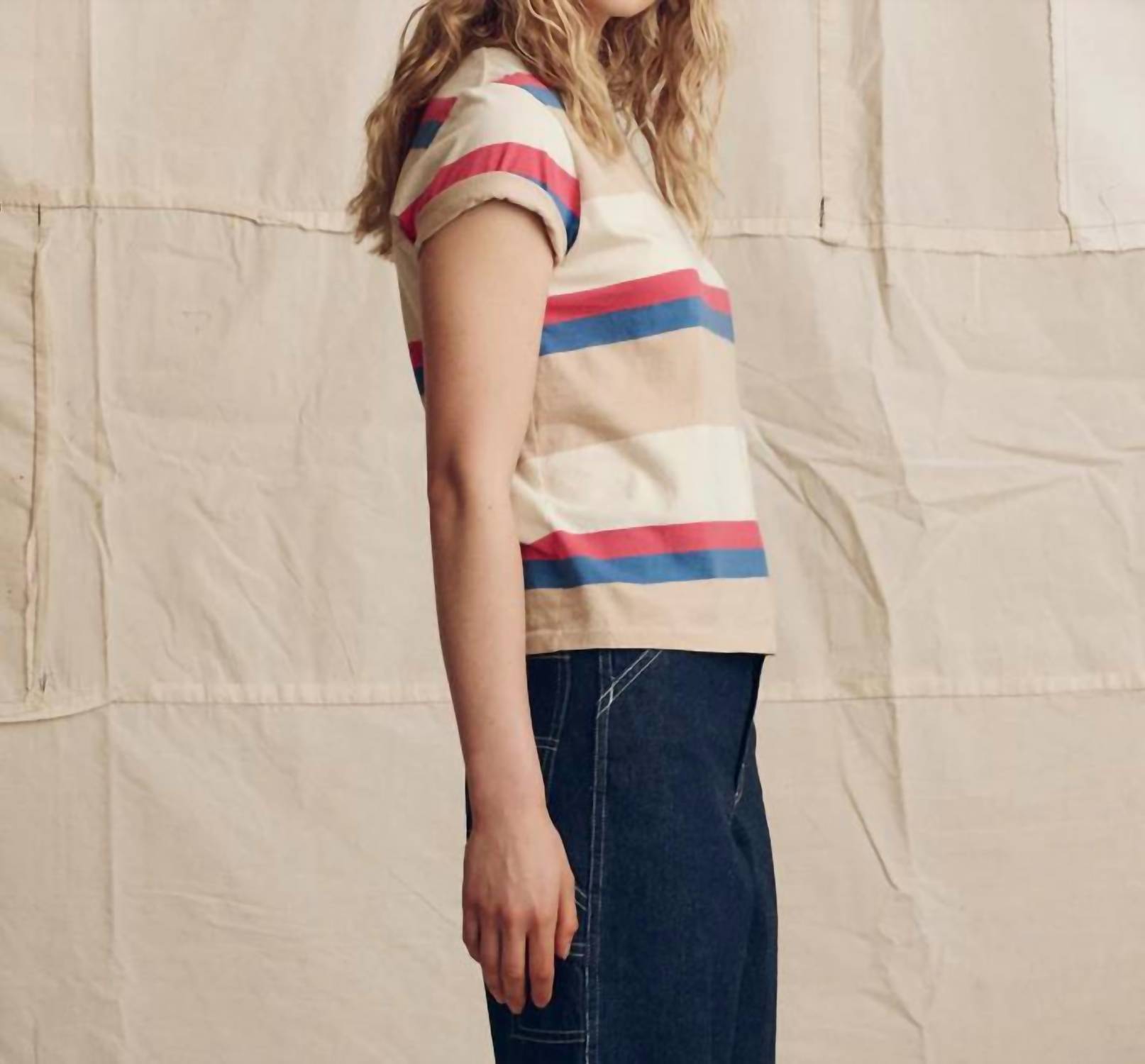 THE GREAT. The Little Tee in study hall stripe - women's t-shirt - detail view