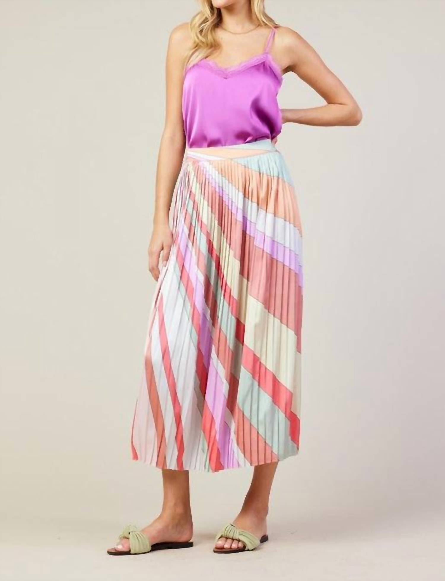 Skies Are Blue - Frank Stella Graphic Rainbow Lines Print Midi Skirt