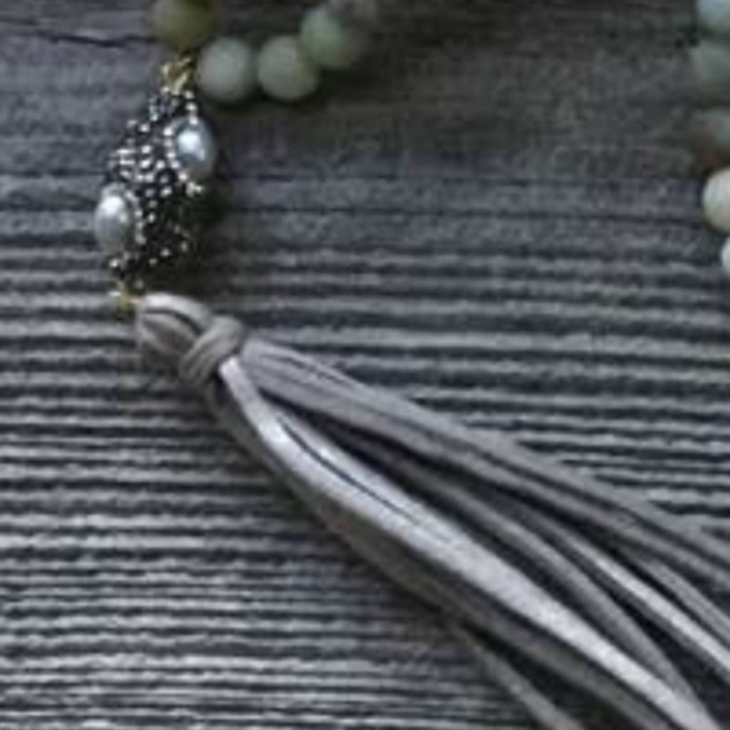 Beautiful Boundaries - Women's Amazonite Leather Tassel Necklace With Crystal Bead