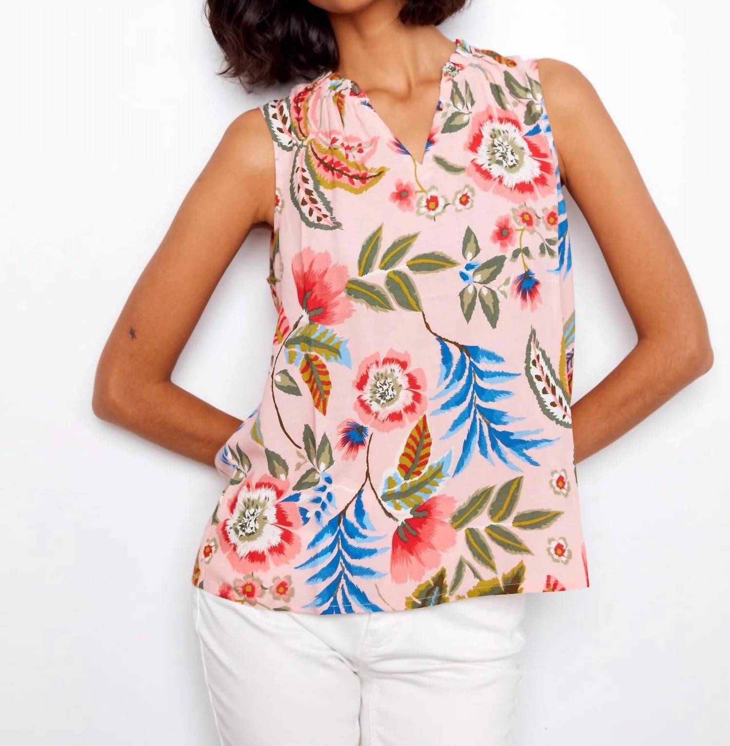 Charlie B - Printed Sleeveless Ruffle Neck Top