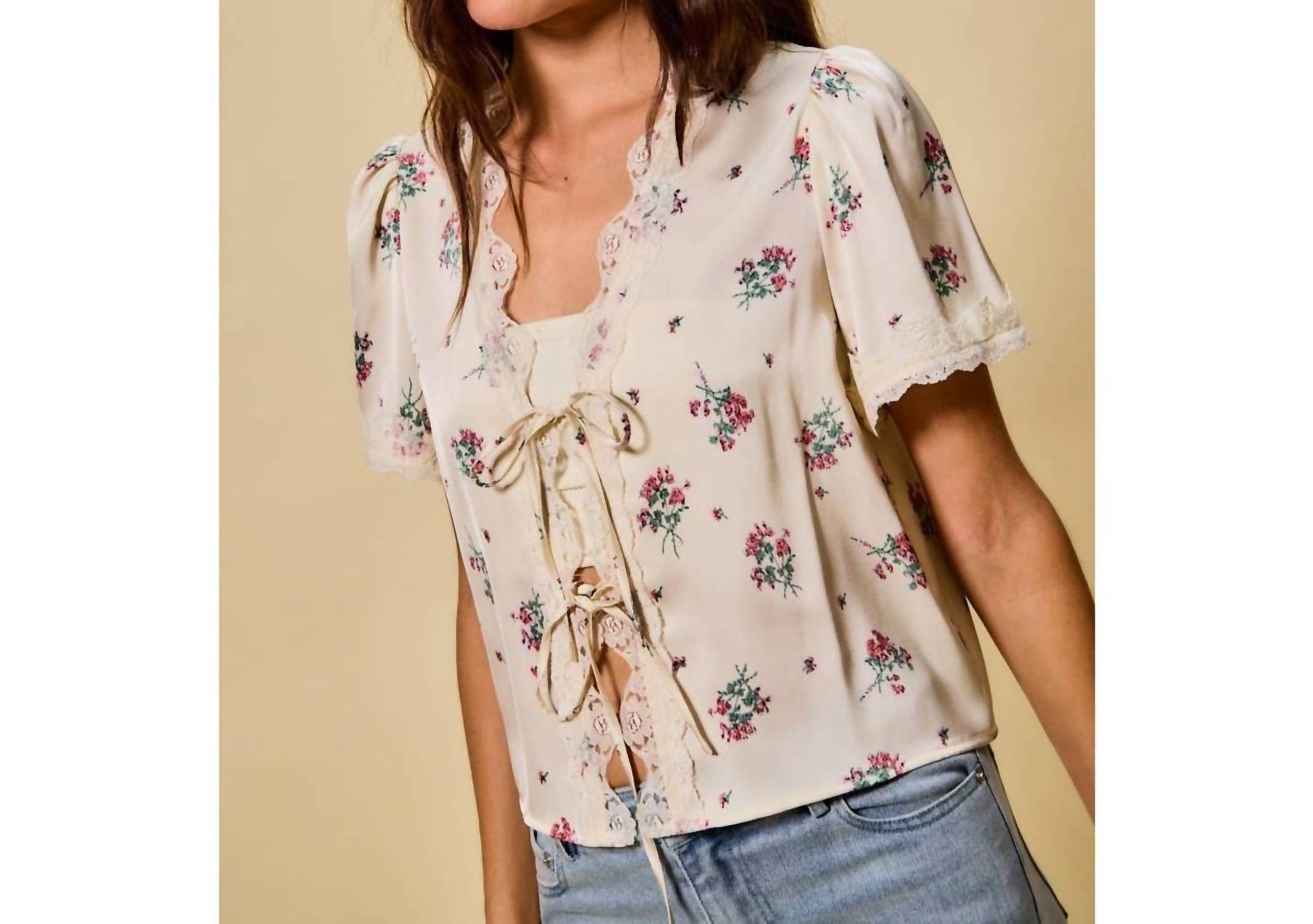 So Me - Rose Satin Tie Front Floral Blouse