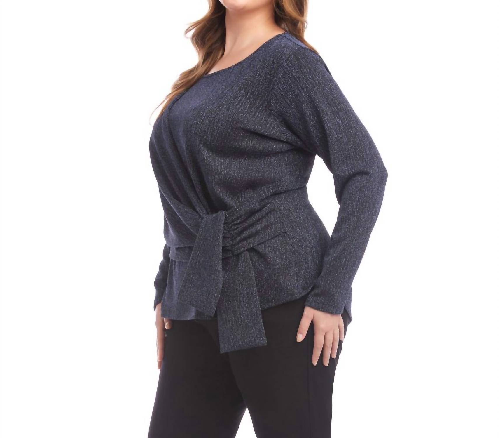 Karen Kane Long Sleeve Metallic Knit Side-tie Top - Plus in navy - women's long sleeve top - alternate view