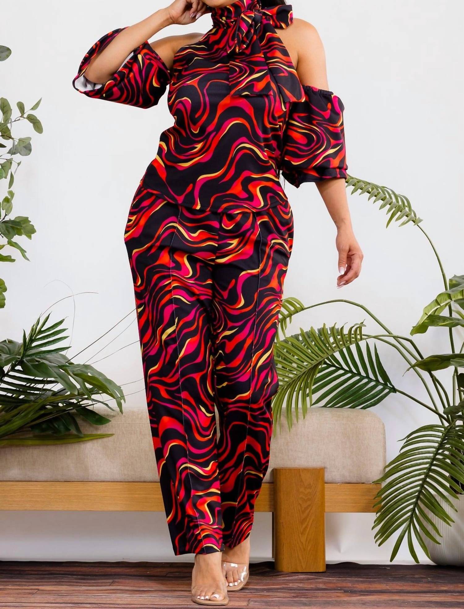 Karen Kane Cold Shoulder Top And Wide Leg Pants Set in red multi - women's pants - view 5
