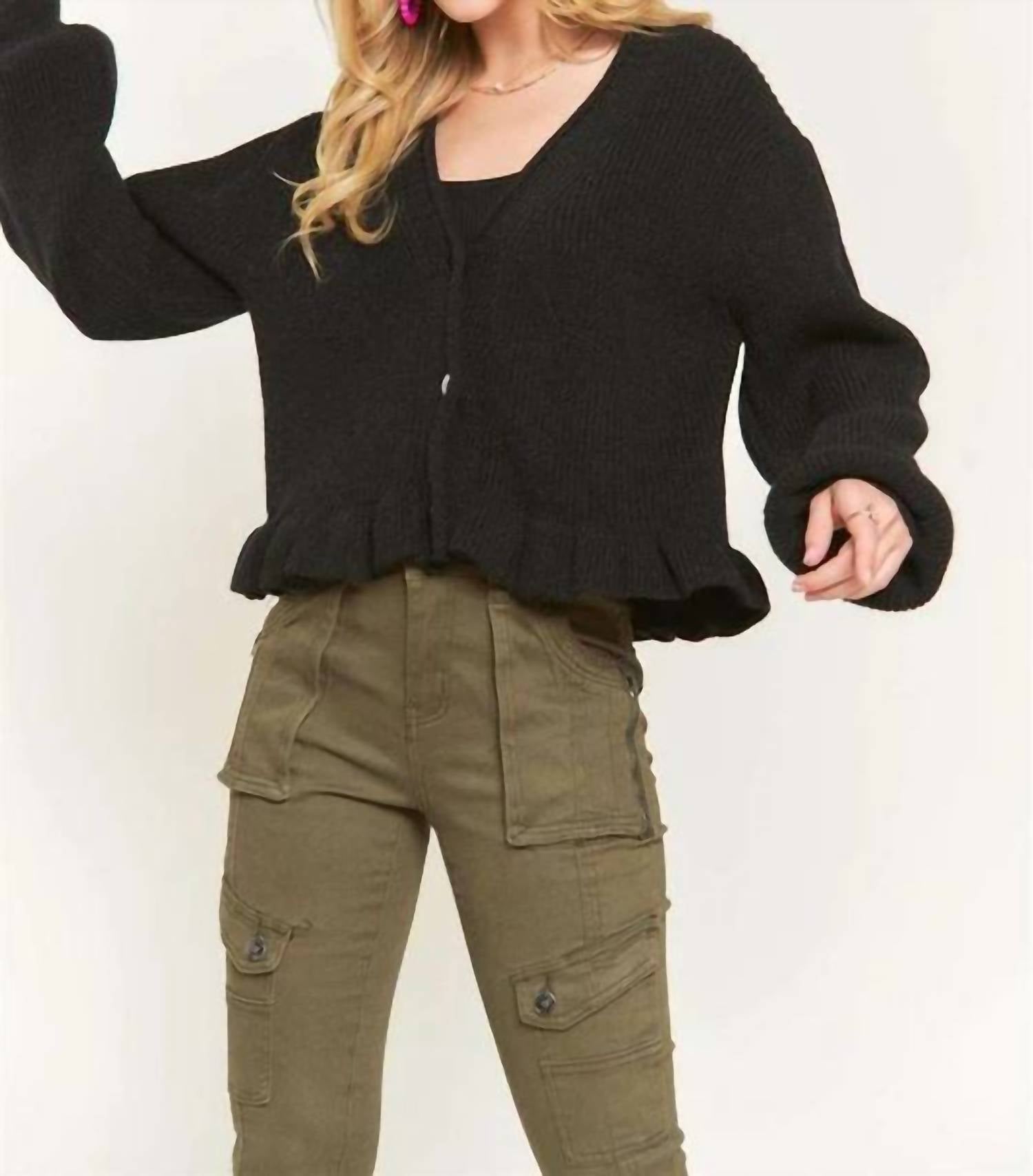 Adora - Puff Sleeve Button Down Sweater Cardigan