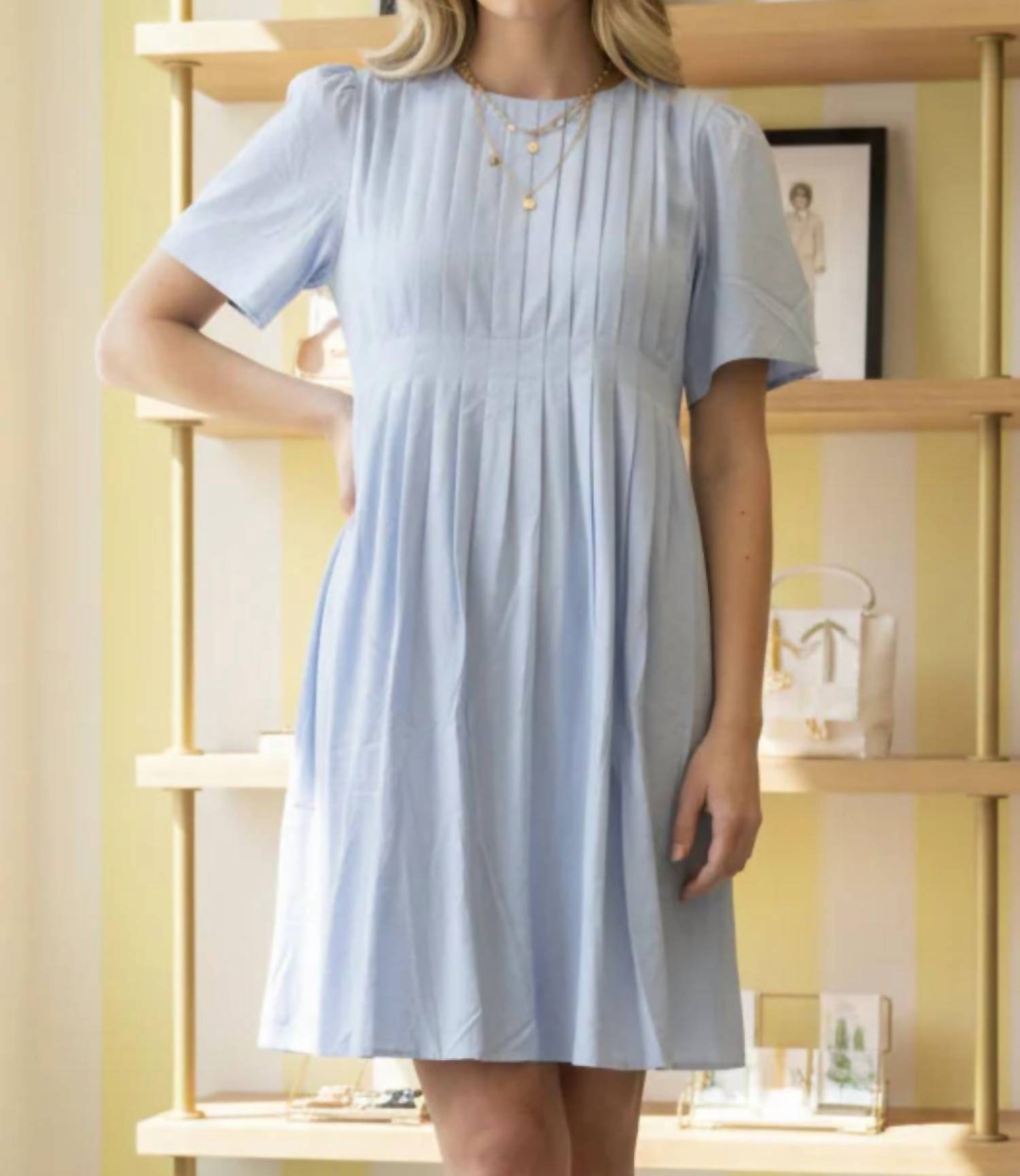 She + Sky - Short Sleeve Woven Pleated Mini Dress