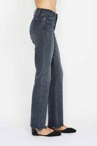 Judy Blue - High Waisted Button Fly Hem Distressed Straight Leg Jeans