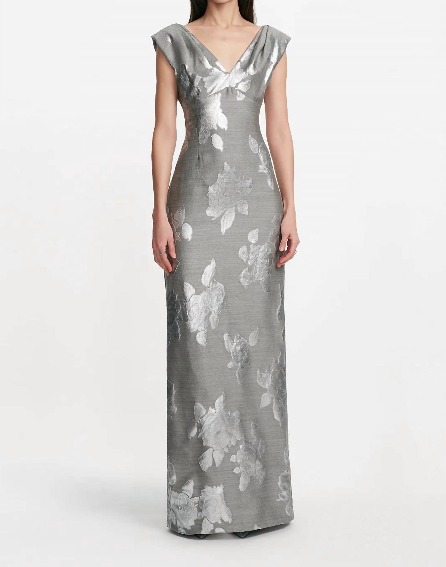 Lela Rose Floral Fil Coupe V-neck Gown in silver grey - women's dress