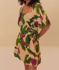 FARM RIO Short Puff Sleeve Mini Dress in anthurium leaves sand - women's dress - alternate view