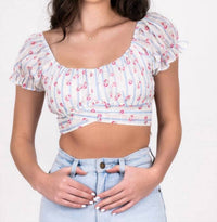 Katie J NYC Chase Floral Puff Sleeve Top in petunia stripe - women's shirt