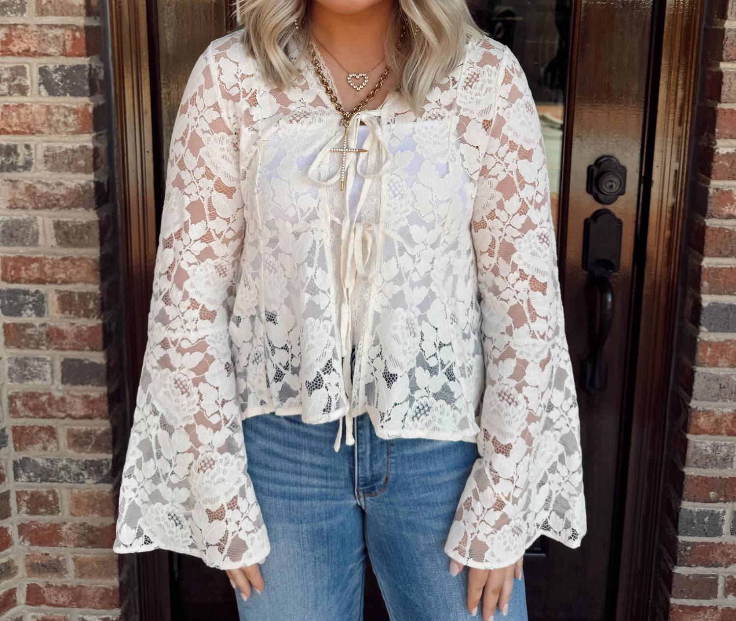 Anniewear - Floral Lace Trumpet Sleeve Blouse