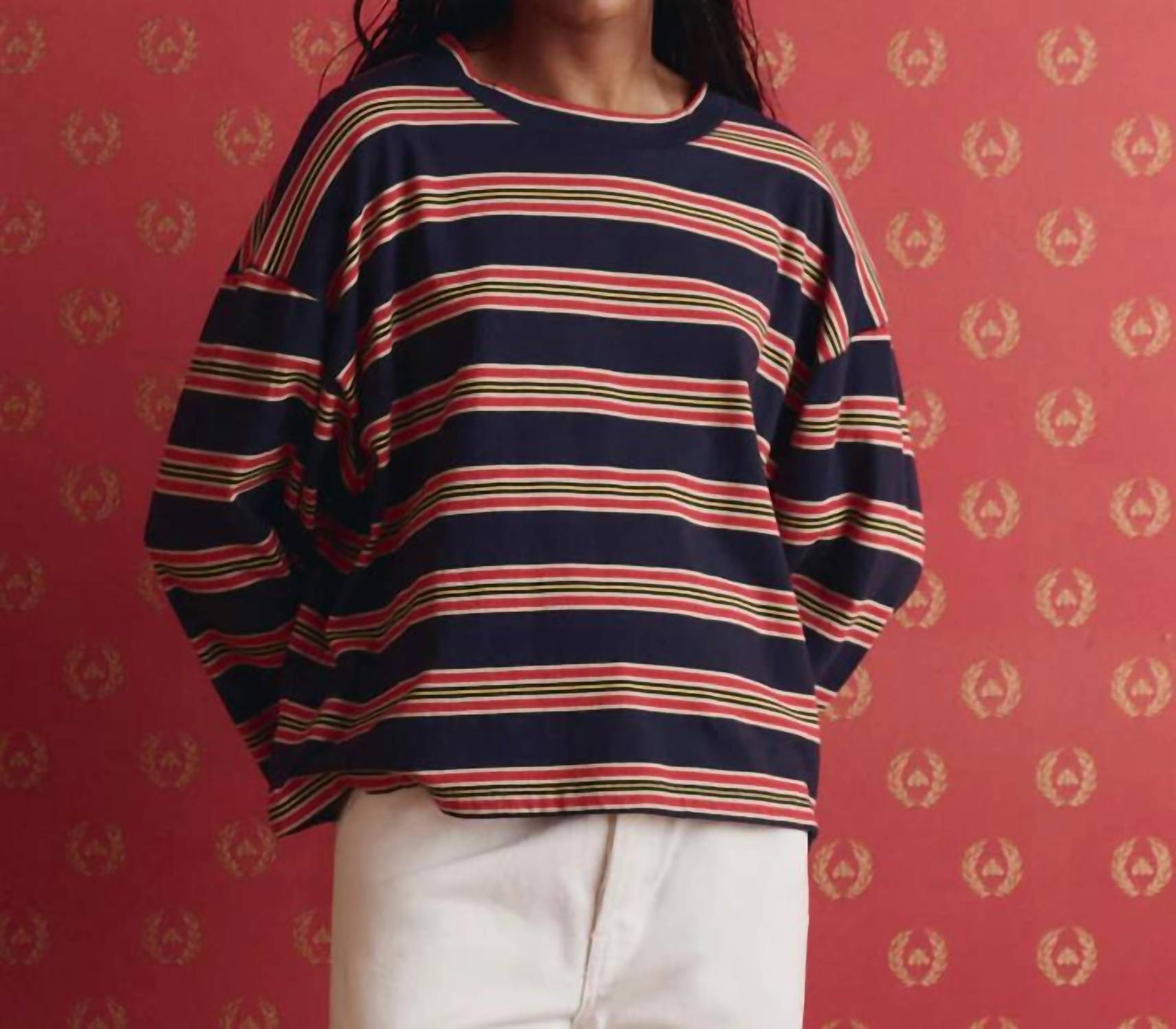 THE GREAT. The Field Tee in scout stripe - women's long sleeve top