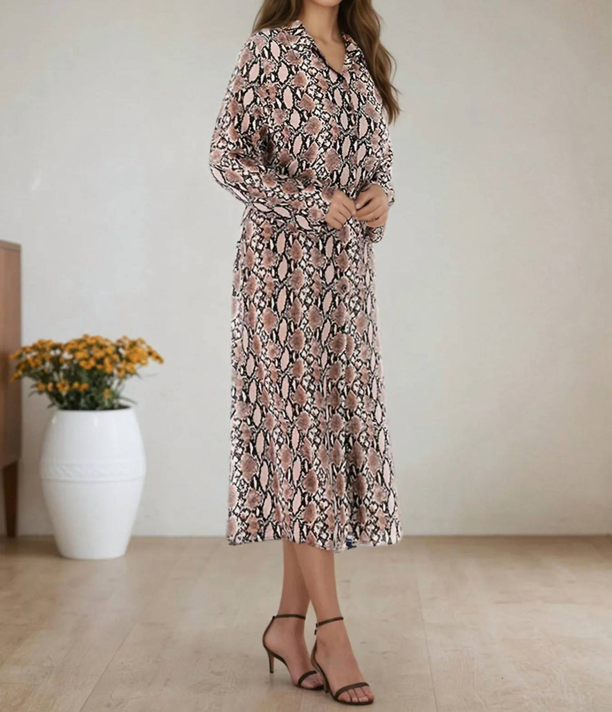 Trendsi - Snake Print Long Sleeve Shirt Midi Dress