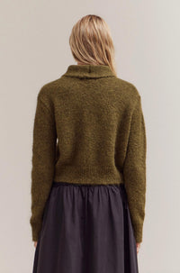 GRADE & GATHER Collared Neck Cardigan in moss - women's cardigan - detail view