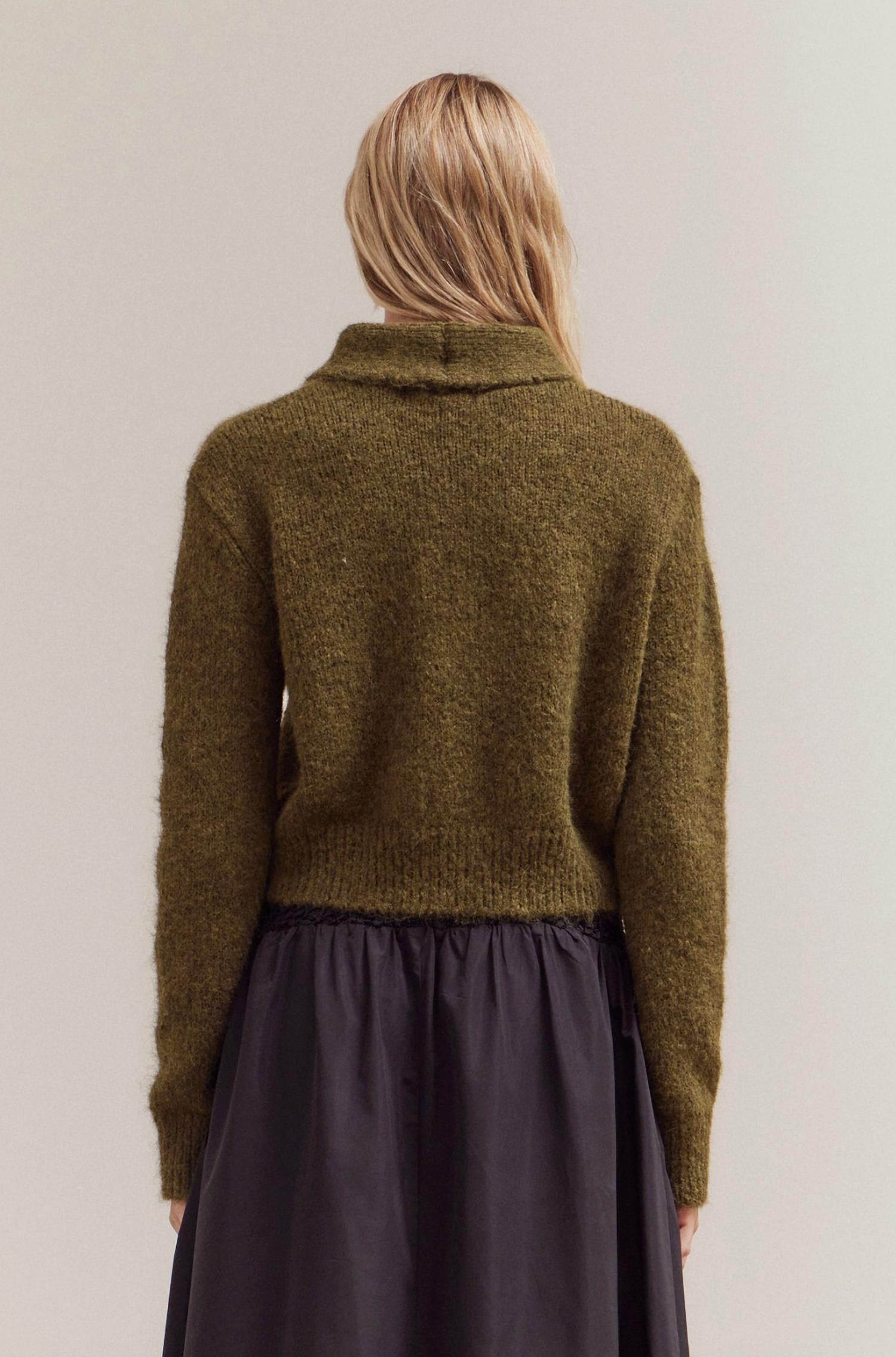GRADE & GATHER Collared Neck Cardigan in moss - women's cardigan - detail view