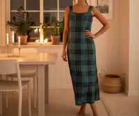 VINCE CAMUTO Square-neck Plaid Smocked-back Maxi Dress in teal - women's dress