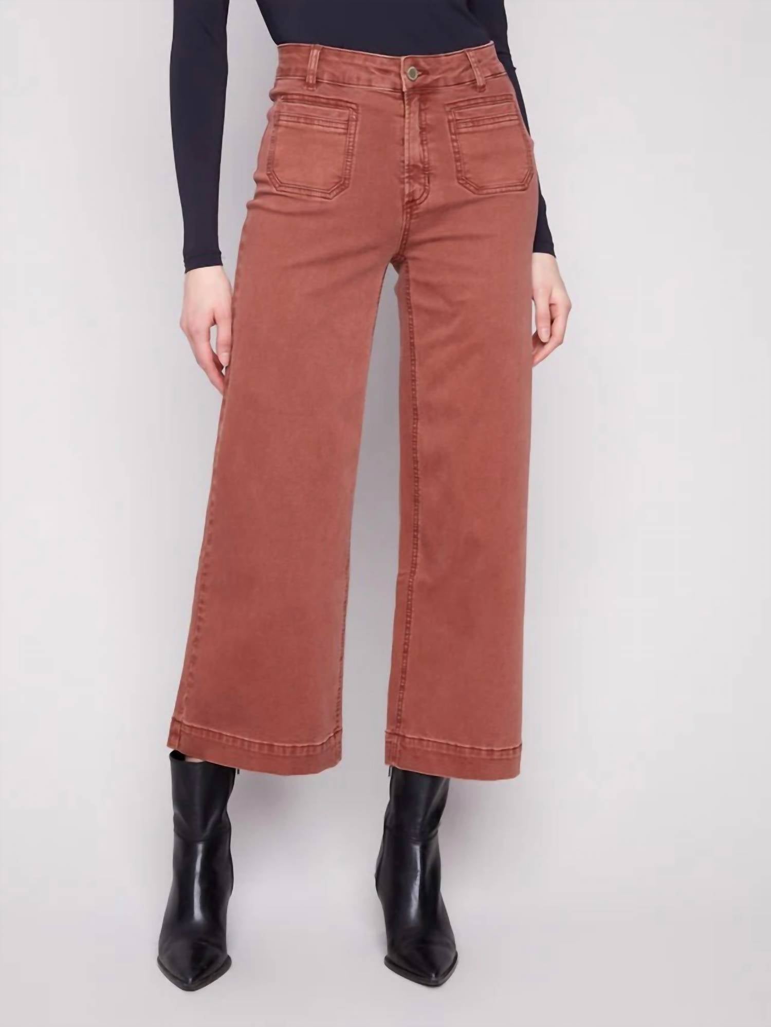 CHARLIE B Cropped Flair Legged Front Patch Pocket Pant in sepia - women's jeans
