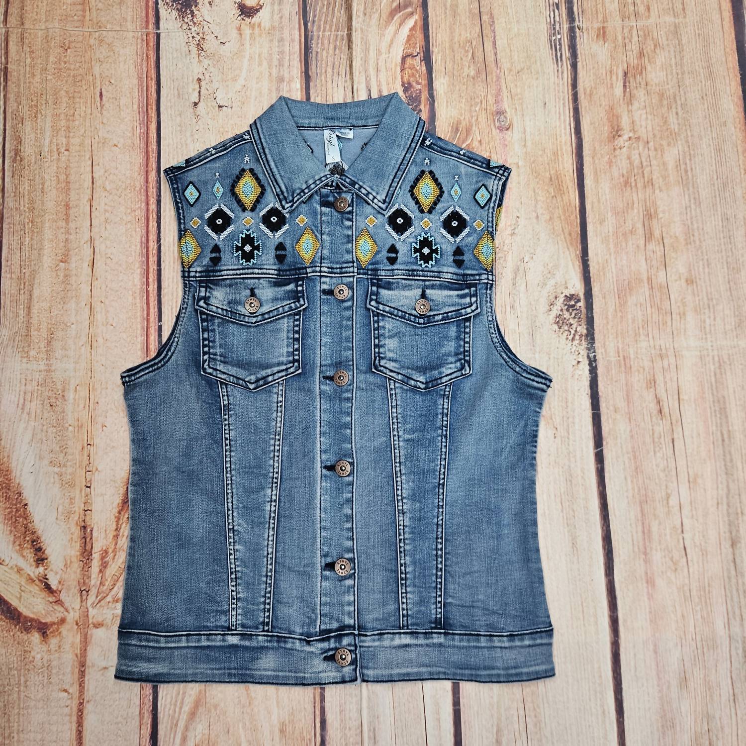 Ethyl Women's Sleeveless Textured Vest in denim - women's jacket