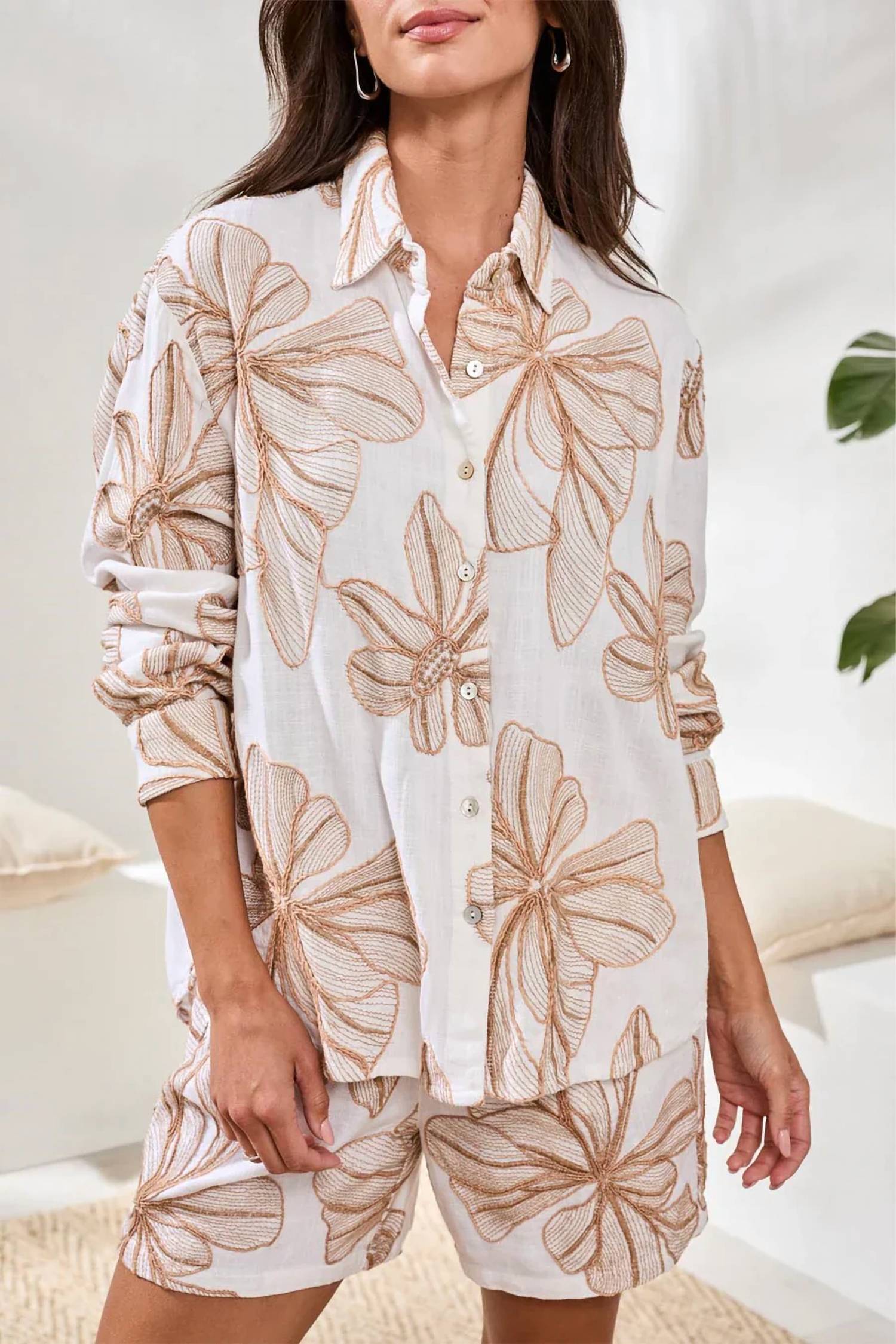 Tribal - Embroidered Crosshatch Button-front Blouse