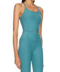 BEYOND YOGA Spacedye Slim Racerback Bra in deep aqua - women's intimate - detail view