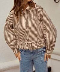 LovLov Striped Raglan Puff Sleeve Shirt in cream burgundy - women's shirt - detail view