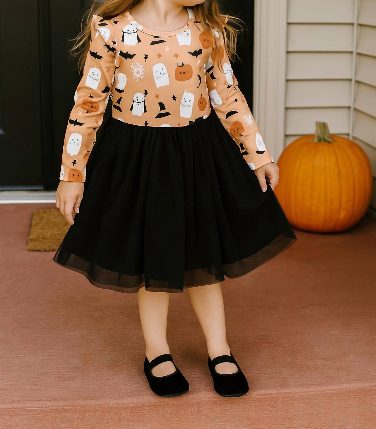 Emerson And Friends - Boo-Tastic Glow-in-the-Dark Halloween Flutter Long Sleeve Tulle Twirl Dress